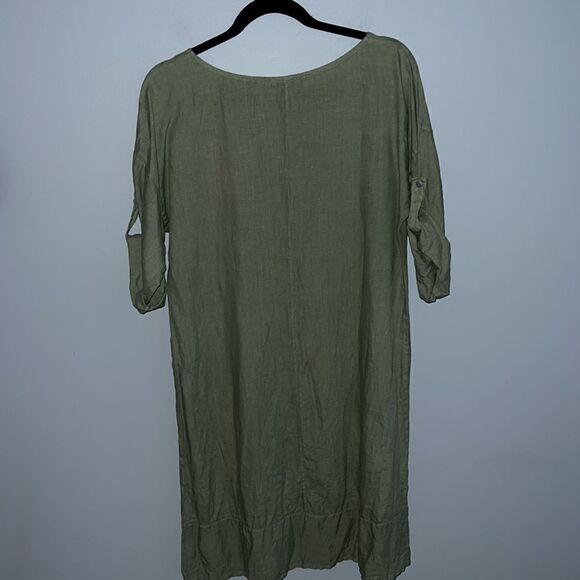 Made in Italy women size Small midi olive green  dress 100% linen Lagenlook - Picture 7 of 9
